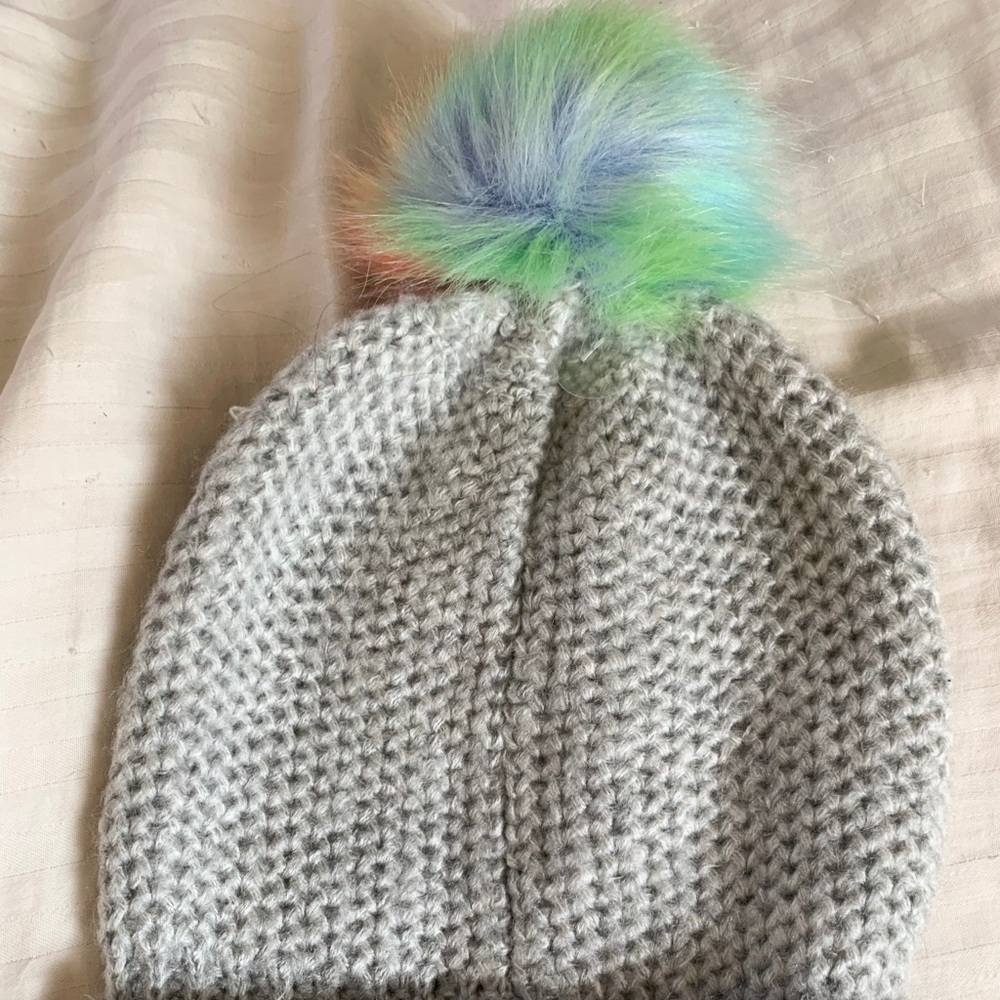 Grey Beanie with Rainbow Pompom
